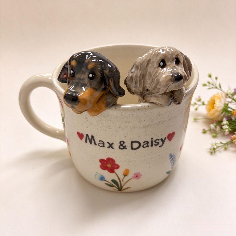 May include: A cream-colored ceramic mug featuring two sculpted dog figurines peering over the rim. One dog is black and tan, the other is light brown. The mug is decorated with small colorful flowers and the text Max & Daisy with red hearts.