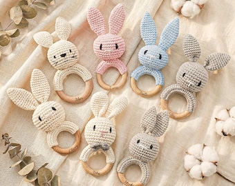 Sonagli da dentizione personalizzati con nome del coniglio pasquale, sonaglio per neonati personalizzato, giocattolo per neonati fatto a mano, regalo per baby shower