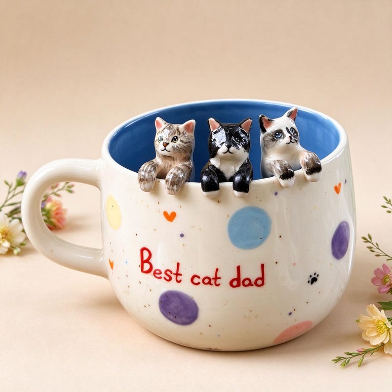 May include: A ceramic mug with a blue interior and a cream-colored exterior featuring the text Best cat dad in red. Three small, sculpted cat figures in gray tabby, black and white, and Siamese patterns peek over the rim. The mug is decorated with colorful polka dots and small paw prints.