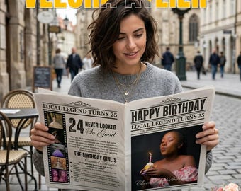 Modelo de jornal personalizado para aniversário no Canva | Presente de formatura e aniversário de 25 anos para ela | Cartão de jornal editável | Impressão faça você mesmo | Produto digital