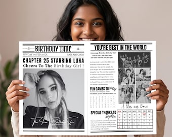 Presente de aniversário personalizado em formato de jornal, modelo de jornal para aniversário, modelo editável do Canva, convite para festa de aniversário, cartão de aniversário, presente para ela