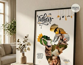 Modelo de colagem de fotos com silhueta de pai no Canva, presente para pai, filha e filho, pôster de herói "Melhor Pai de Todos", download digital para o Dia dos Pais.