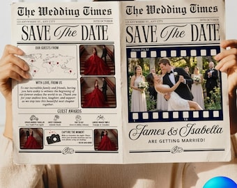 Modelo de jornal de casamento com foto, jornal Save the Date editável no Canva, modelo de anúncio de casamento Newlywed Times