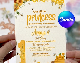 Convite de Aniversário de Abelha - Modelo Canva, Convite para o Primeiro Dia da Nossa Pequena Abelhinha, Festa Floral Editável no Jardim, Modelo para Download Digital