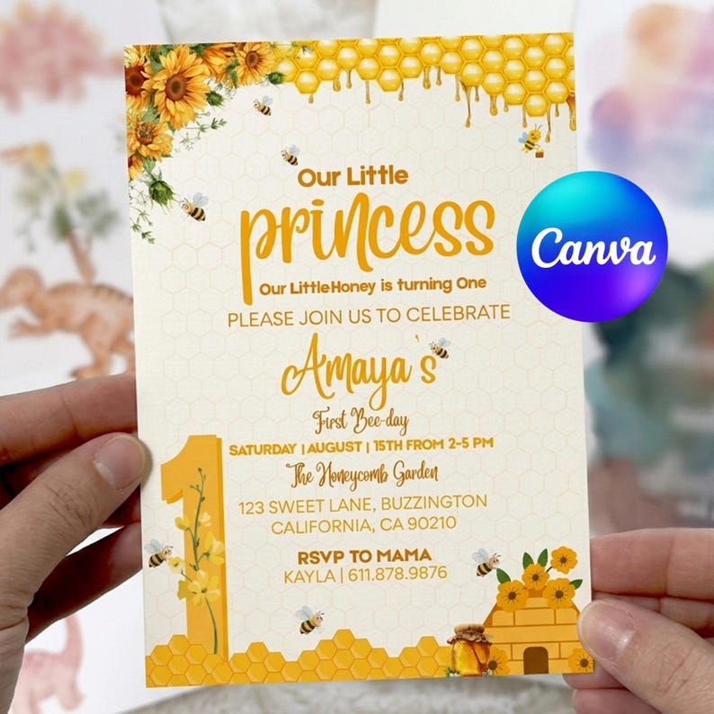 Bee Birthday Invitation Canva Template, Our Little Honey First Bee Day ...