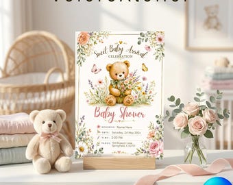 Convite para Chá de Bebê com Ursinho de Pelúcia, Convite Boho com Flores Silvestres para Menino e Menina, Modelo para Canva para Chegada do Bebê, Download Digital Floral para Impressão