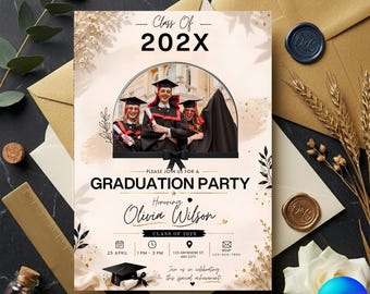 Convite de formatura floral em Canva, convite para festa de fotos da turma de 2026, anúncio de formatura do ensino médio e faculdade, download digital.