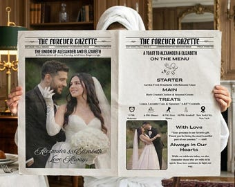 Modelo de jornal de casamento com foto, modelo de jornal "Reserve a Data", modelo de casamento editável no Canva, Newlywed Times, download digital