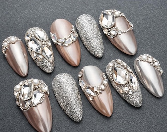 Luxury Champagne Chrome Press On Nails with Rhinestones, Glitter Accent, Long Stiletto Fake Nails, Glam Bridal Nails, Reusable Handmade Nail