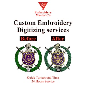 Può includere: Immagine che mostra servizi di digitalizzazione di ricami personalizzati. Il design presenta uno scudo con un elmo da cavaliere, spade incrociate e una corona d'alloro. Il testo include confronti "Prima" e "Dopo", e "Tempi di consegna rapidi 24 ore".