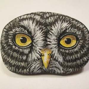 Great Gray Owl Face hand painted on a rock by Ann Kelly