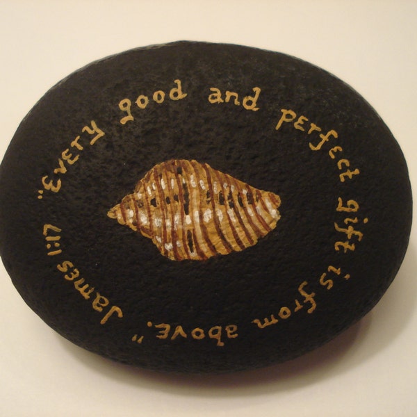 Dove Shell and Bible Verse hand painted on a stone.