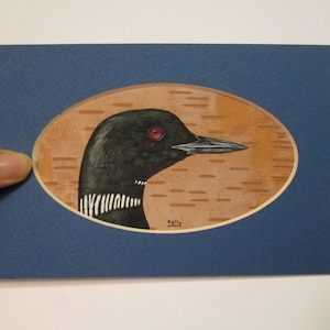 Loon Portrait hand painted on birch bark by Ann Kelly - matted - 4&quot; x 6&quot;