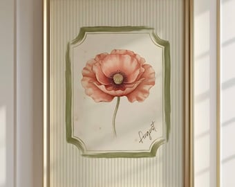Impresión de flores de nacimiento de agosto, arte mural de amapola, ilustración botánica vintage, decoración de guardería estilo cottagecore, descarga digital de flores del mes de nacimiento