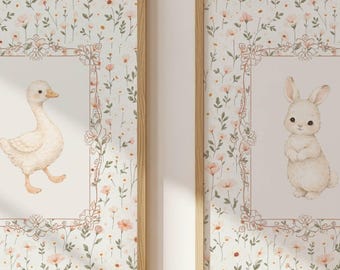 Juego de arte de pared para habitación de bebé con diseño de conejito y ganso, estampados vintage de animales de granja, decoración para habitación de niña, arte floral de cabaña para habitación de bebé.
