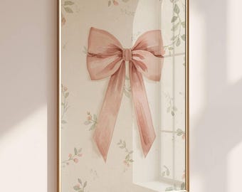 Soft Pink Bow Nursery Wall Art, Vintage Floral Girl Room Decor, Cottagecore Baby Print, Blush Ribbon Poster, Farmhouse Digital Download