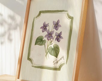 Geburtsblumen Februar violett, Vintage botanische Wandkunst, Geburtsmonat Blumendekor, Kinderzimmer Kunst, violette Blume, digitaler Download