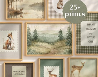 Woodland Animal Nursery Prints Set, Vintage Woodland Nursery Wall Art, Baby Boy Nursery Decor, Forest Nursery Gallery Wall, Deer Bear Bunny
