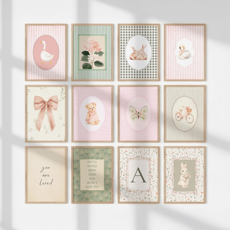May include: Twelve framed art prints with a vintage aesthetic. The prints feature illustrations of a swan, a bow, a teddy bear, a butterfly, a bicycle, a goose, a floral arrangement, rabbits, and the letter "A". The colour palette includes soft pinks, greens, and creams.