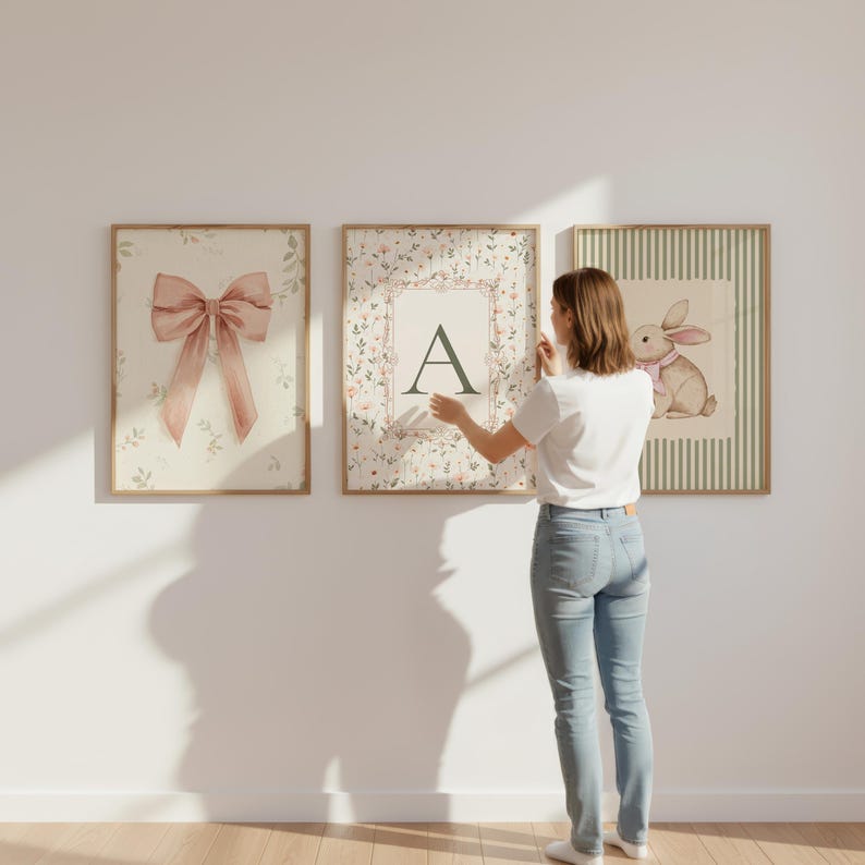 May include: Three framed art prints with a floral and bunny theme. One print features a pink bow, another has the letter "A", and the third shows a bunny with a pink bow. The prints are in wooden frames.