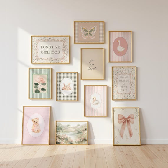 Vintage Nursery Wall Art Set, 25 Girl Gallery Wall Prints, Cottagecore Floral Nursery Decor, Neutral Baby Room Printable