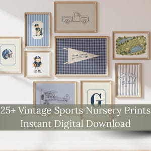 May include: A gallery wall arrangement of nine framed prints featuring illustrations of a football helmet, a teddy bear in a sports uniform, a vintage truck, a golf course, a biplane, the letter G, and a pennant with the text Thank heaven for little boys.