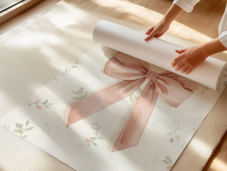 May include: A rolled-up white paper product is held over a large, flat, off-white surface. The surface is decorated with a large, watercolour-style pink bow and delicate floral sprigs. The bow is the focal point, with its soft, shaded details.