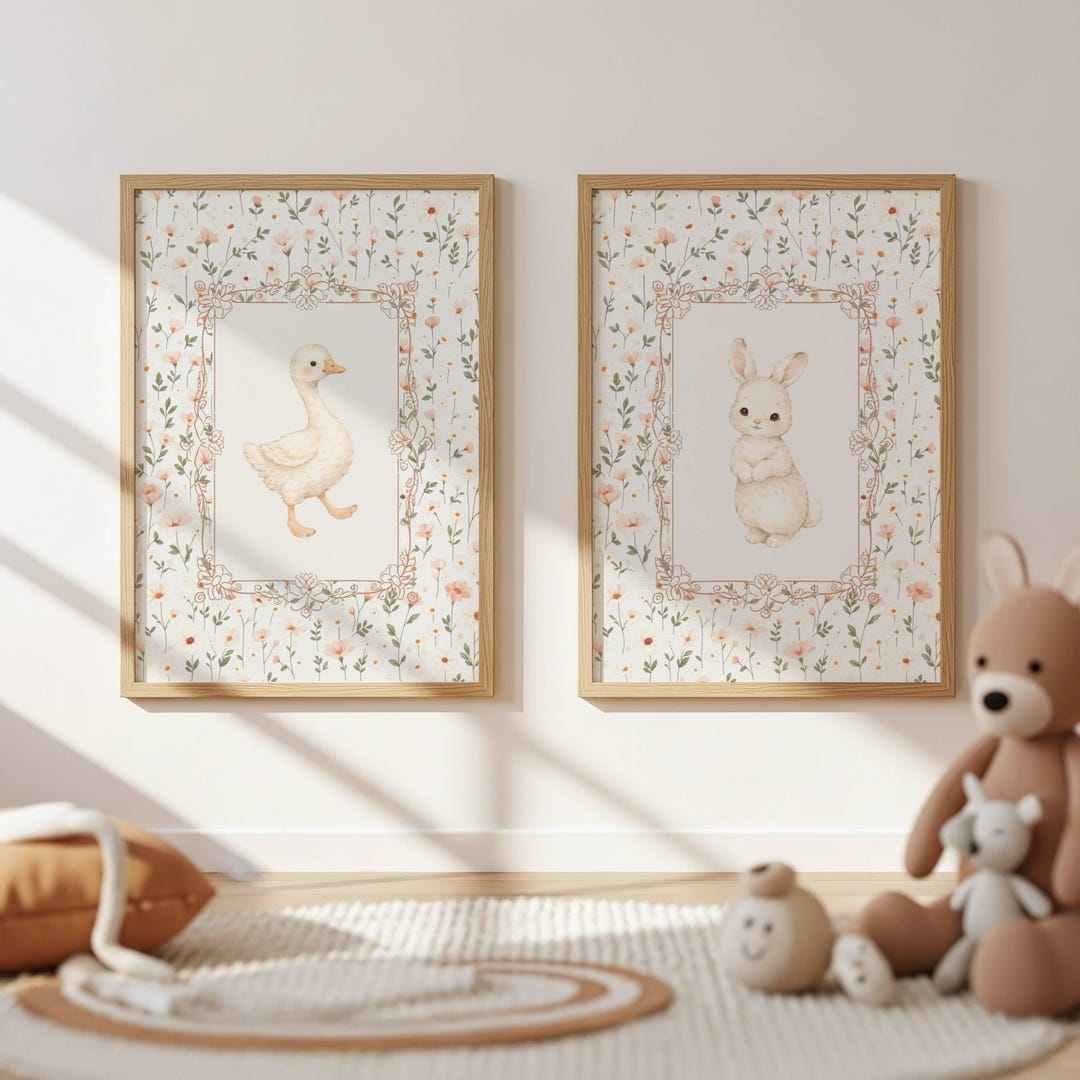 Bunny and Goose Nursery Wall Art Set, Vintage Farm Animal Prints, Baby ...