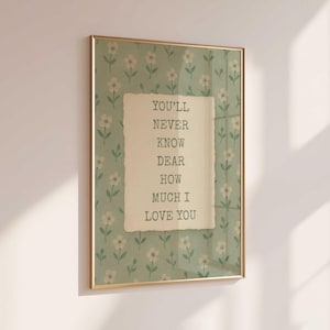 May include: A framed print with a gold-coloured frame. The print features a floral pattern in the background and a central piece of paper with the text "YOU'LL NEVER KNOW DEAR HOW MUCH I LOVE YOU". The background is a light green colour.