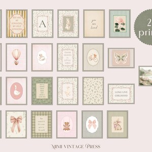 May include: A set of 25 vintage prints with illustrations of animals, floral patterns, and quotes. The prints are framed in various styles, with soft pastel colours and a charming aesthetic. The text "25 prints" is visible, alongside the text "Long Live Girlhood".