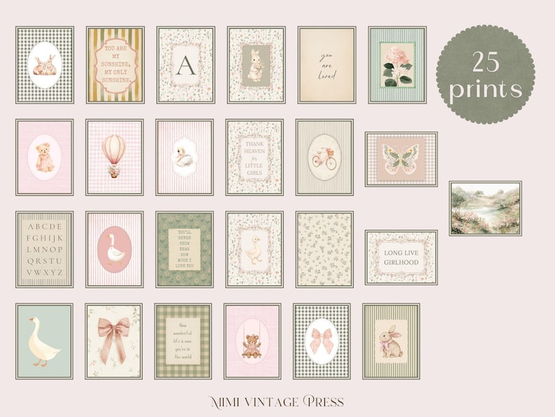May include: A set of 25 vintage prints with illustrations of animals, floral patterns, and quotes. The prints are framed in various styles, with soft pastel colours and a charming aesthetic. The text "25 prints" is visible, alongside the text "Long Live Girlhood".