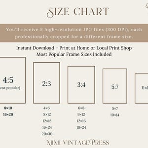 May include: A beige size chart graphic with text indicating frame sizes and aspect ratios. The chart includes common frame dimensions like 8x10, 16x20, 4x6, 6x8, 5x7, and 11x14 inches. The text also mentions high-resolution JPG files for instant download.