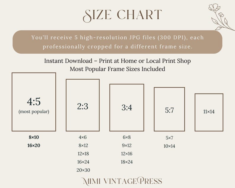 May include: A beige size chart graphic with text indicating frame sizes and aspect ratios. The chart includes common frame dimensions like 8x10, 16x20, 4x6, 6x8, 5x7, and 11x14 inches. The text also mentions high-resolution JPG files for instant download.