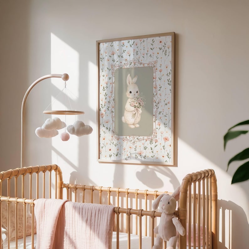 May include: A framed watercolour print of a rabbit holding flowers, set against a floral background. The artwork is in a wooden frame and hangs above a baby cot with a pink blanket. A mobile with clouds and a pink ball hangs nearby.