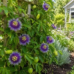 May include: A passion flower vine climbing a wooden trellis, featuring multiple vibrant purple and white flowers with intricate central structures, green lobed leaves, and several smooth, round green fruit hanging from the stems.