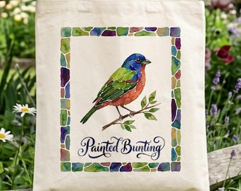 Painted Bunting Bird Tote Bag | Watercolor Songbird Canvas Tote