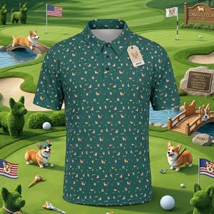 May include: Green polo shirt with a pattern of corgis, bones, and golf balls. The shirt has a collar and buttons. A tag with a corgi image hangs from the collar. The background is a golf course with corgi statues and flags.