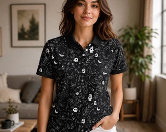 Polo con estampado de fantasmas espeluznantes en negro, polo con estampado de monstruos de anime para Halloween, polo casual y divertido de estilo kawaii para hombres y mujeres.