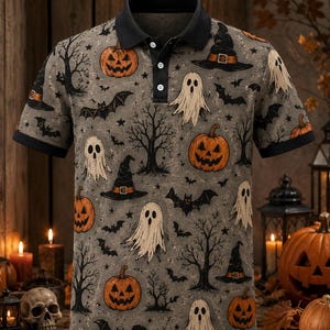 May include: A gray short-sleeve polo shirt with a black collar and sleeve cuffs. The shirt features an all-over print of orange jack-o'-lanterns, white ghosts, black bats, witch hats, and bare trees. It has a three-button placket with white buttons.