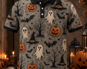 Polo de Halloween espeluznante para hombre, con cuello de calavera de fantasma y calabaza, divertido sombrero de bruja y murciélago, ropa de golf, atuendo para fiestas de otoño, regalo novedoso para él.