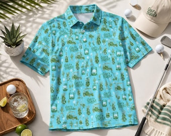 Polo de golf divertido para hombre con estampado de cóctel de tequila, polo de alto rendimiento, polo informal de golf transpirable, ropa de verano, regalo para marido golfista.
