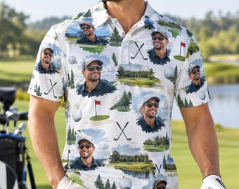 Custom Face Golf Polo Shirt Personalized Picture Golf Shirt for Men Custom Photo Collared Shirt Funny Gift for Golfer Husband Birthday Dad