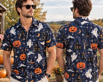 Halloween Polo Shirt, Spooky Pattern Button Polo Top, Short Sleeve Golf Polo for Men, Vintage Pumpkin Ghost Top, Fall Halloween Gift Him