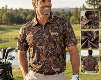 Whitetail Deer Camo Golf Polo Shirt: All-Over Print, Moisture Wicking, Outdoor Performance Top