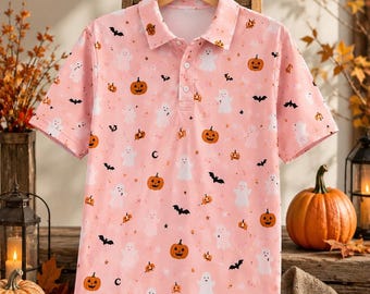Polo rosa de Halloween, lindo atuendo de temporada espeluznante, fantasma, calabaza, murciélago, hombre, cuello, manga corta, top de festival de otoño, pastel gótico, regalo de vacaciones