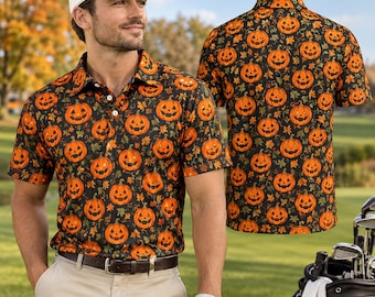 Pumpkin Halloween Golf Polo Shirt, Jack O Lantern Pattern Men Top, Vintage Fall Season Sportswear, Spooky Golfing Shirt, Autumn Gift Men