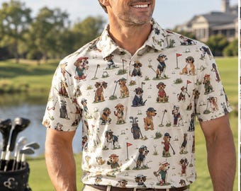 Men's Dog Golf Polo Shirt: All-Over Print, Breathable Performance Tee