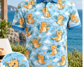 Cute Kawaii Dragon Polo Shirt Funny Summer Men Shirt Japanese Anime Dragon Pattern Golf Polo Lightweight Short Sleeve Shirt Unique Gift
