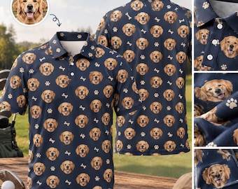 Custom Face Dog Polo Shirt Personalized Pet Picture Golf Shirt Funny Photo Dog Lover Hawaiian Shirt Custom Pet Portrait Collar Top Men Women