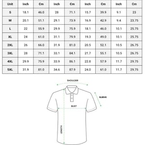 May include: A size chart for a polo shirt, with measurements in inches and centimeters. The chart includes sizes S to 5XL, detailing bust, length, shoulder, and sleeve dimensions. A diagram illustrates the measurement points on the shirt. Text at the bottom states manual measurement error.